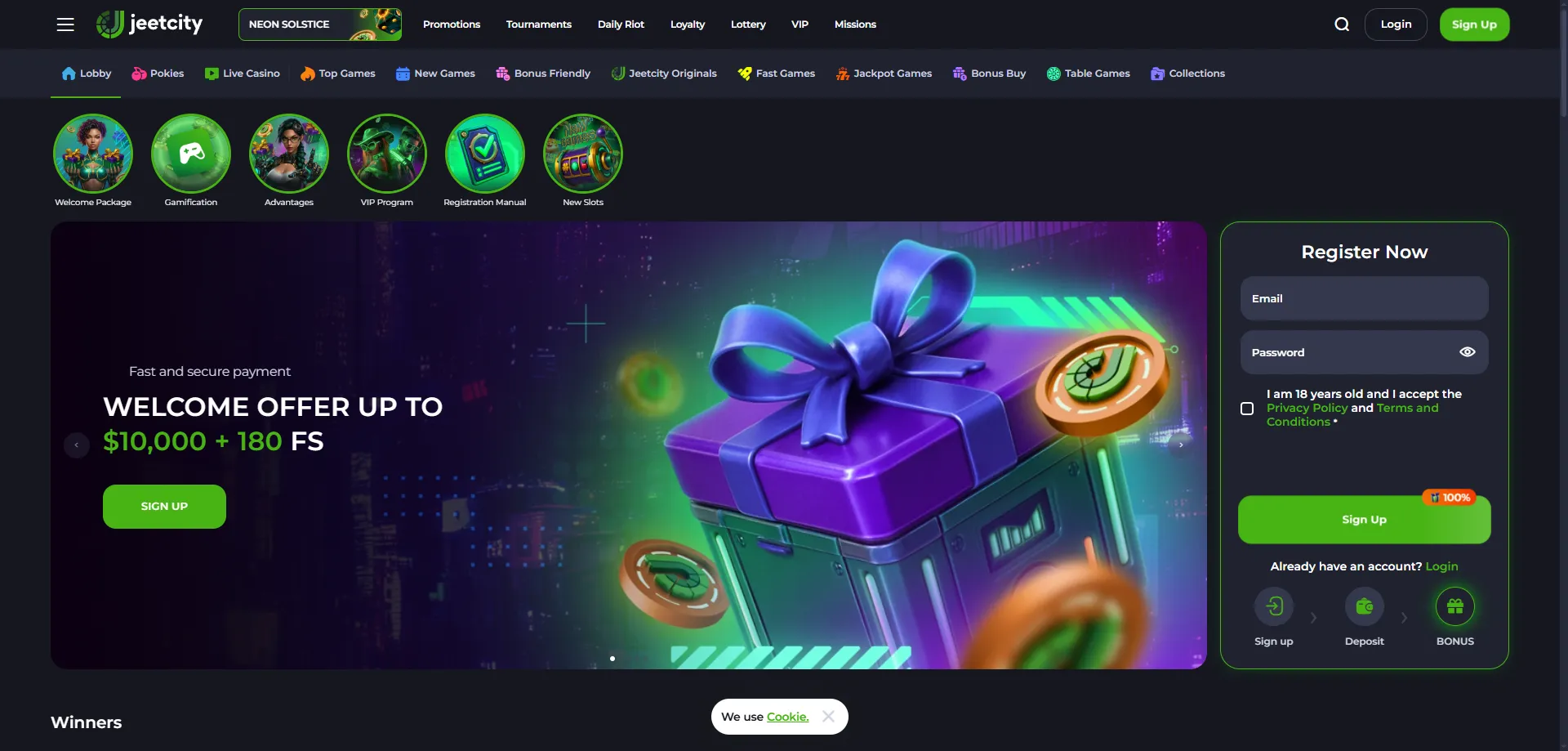 JeetCity Casino New Zealand overview &mdash; homepage and game lobby